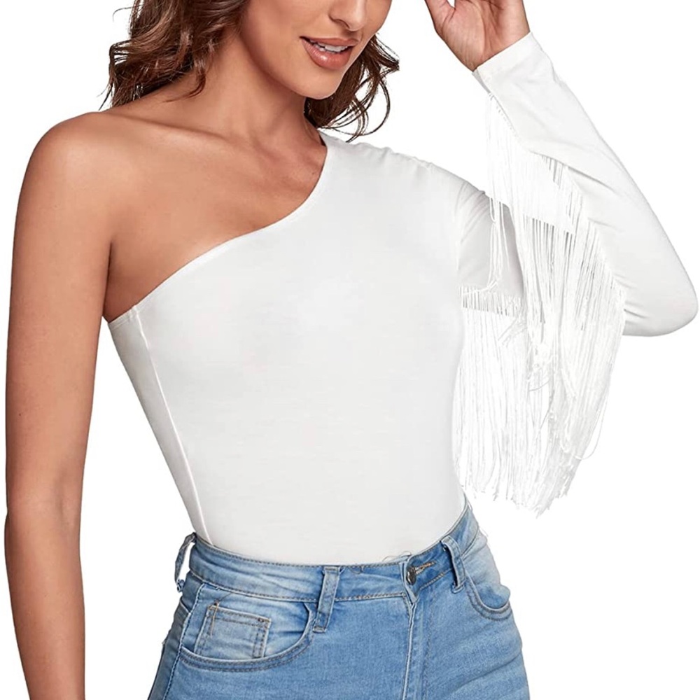 Verdusa: Women's Fringe Trim One Shoulder Long Sleeve Bodysuit Top NWOT